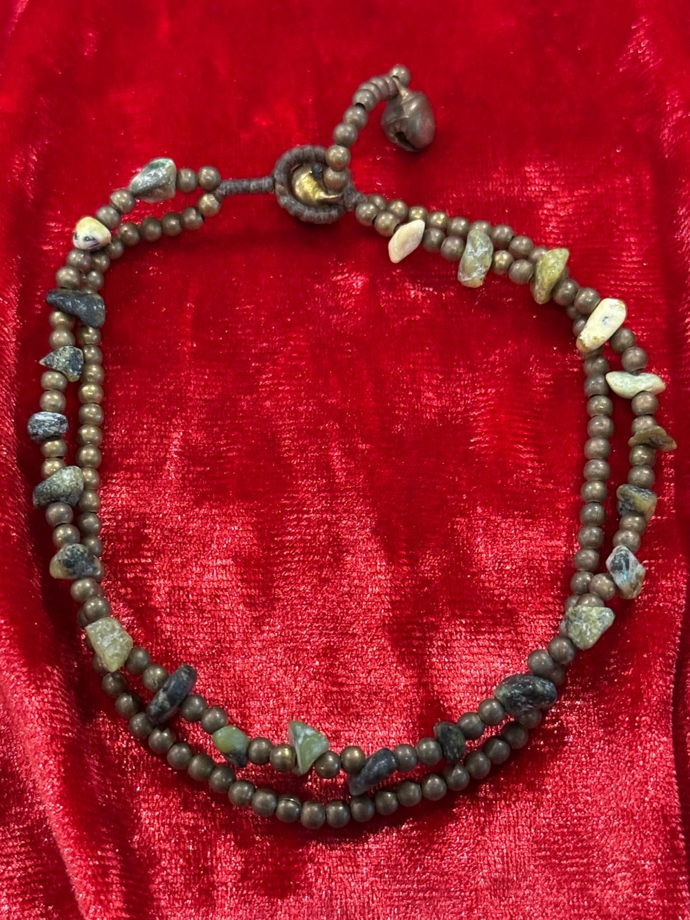 Boho Brass Double Strand Anklet Green Stone & Bell Clasp